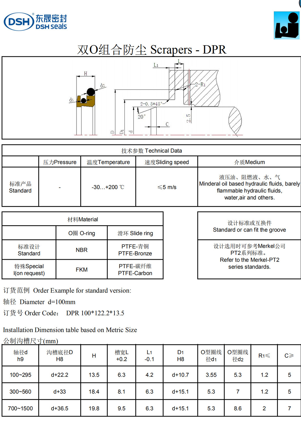 雙O型組合防塵圈DPR規(guī)格尺寸表